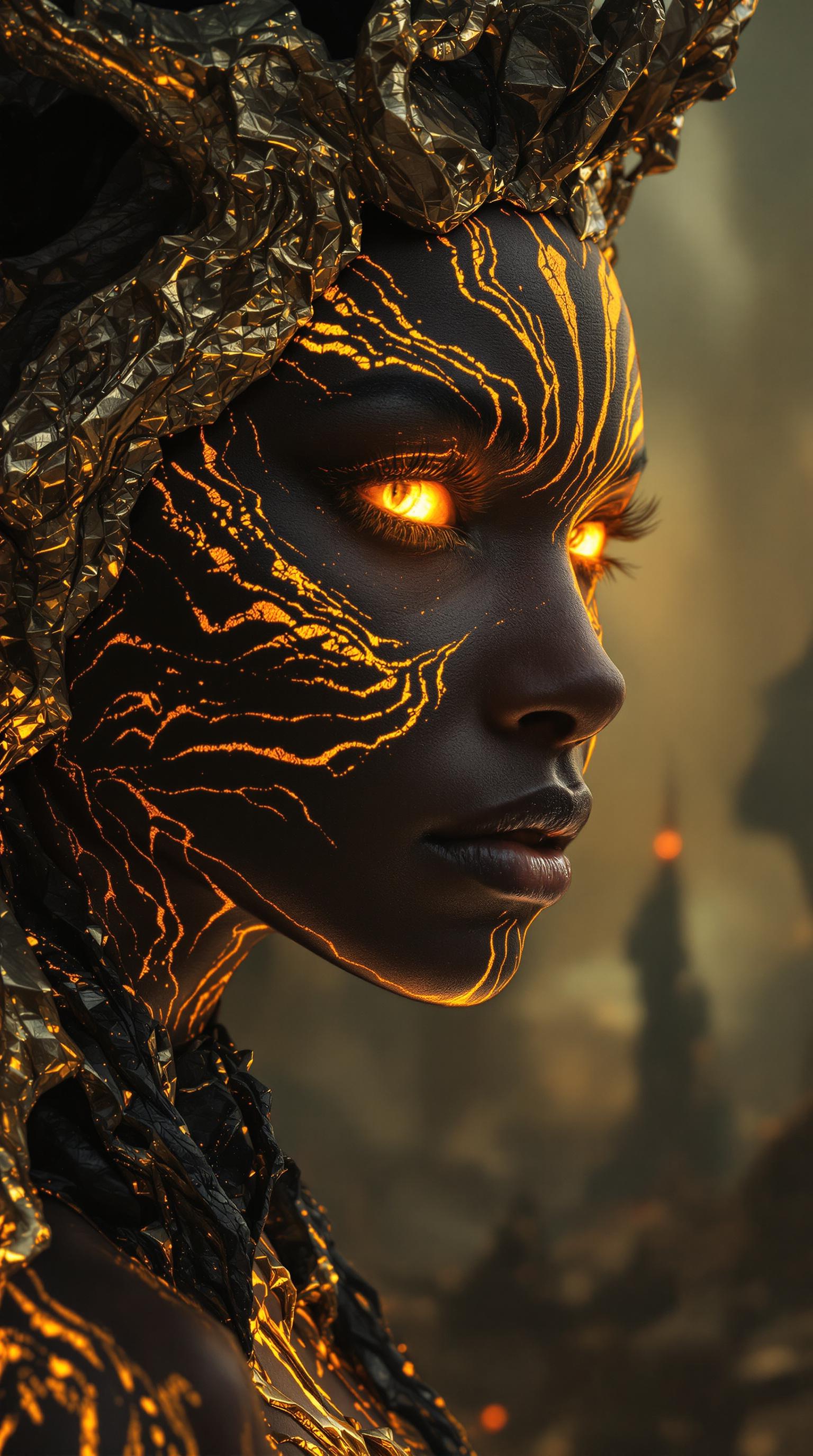 AI generated: FLUX prompt: Close-up portrait of a dark-skinned woman with ir... (FLUX - Animals & Nature)
