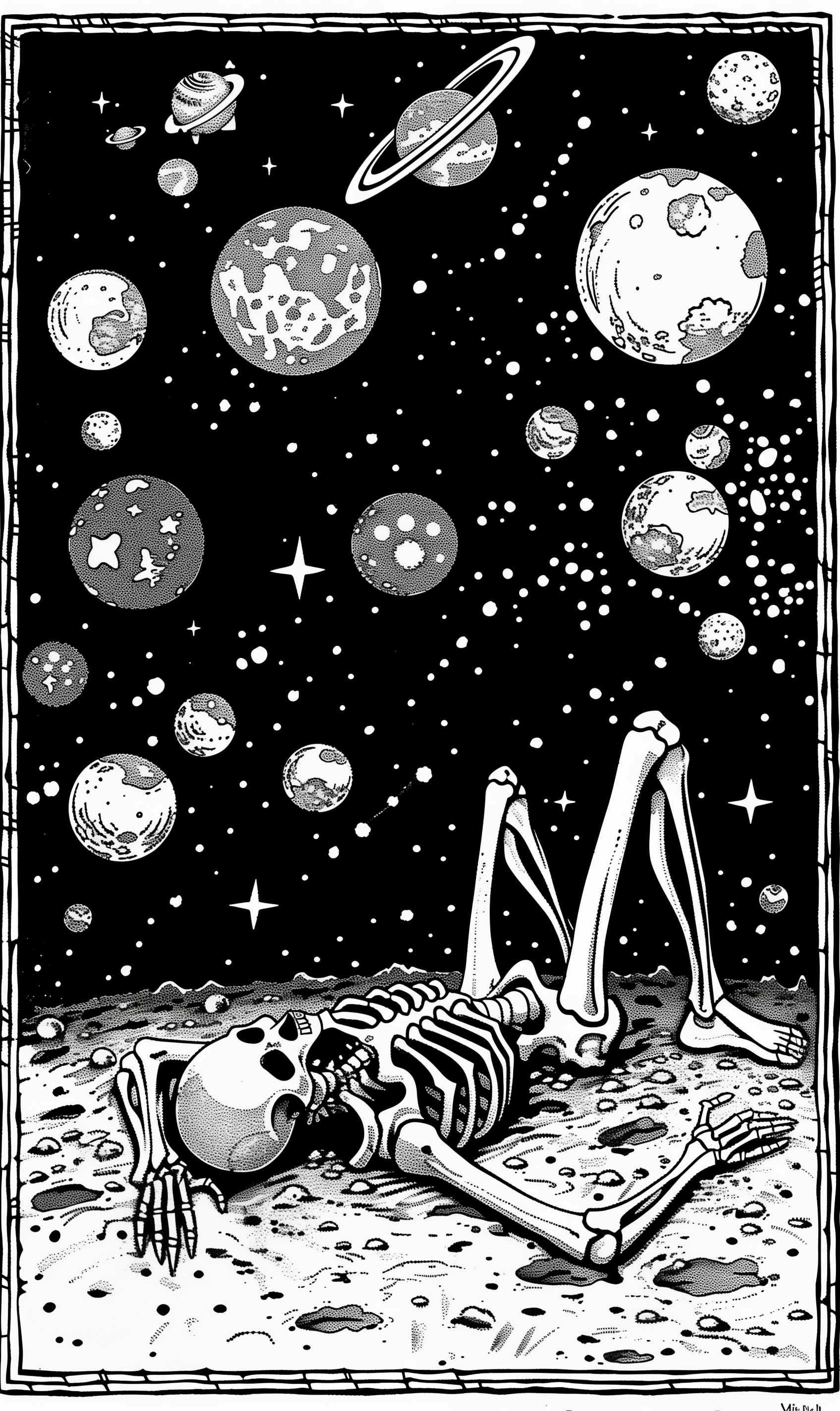 Midjourney prompt: woodcut illustration of an undead man laying on th... - Midjourney