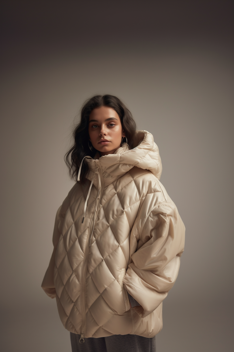 Midjourney prompt: The woman in the photo is standing against a beige... - Midjourney