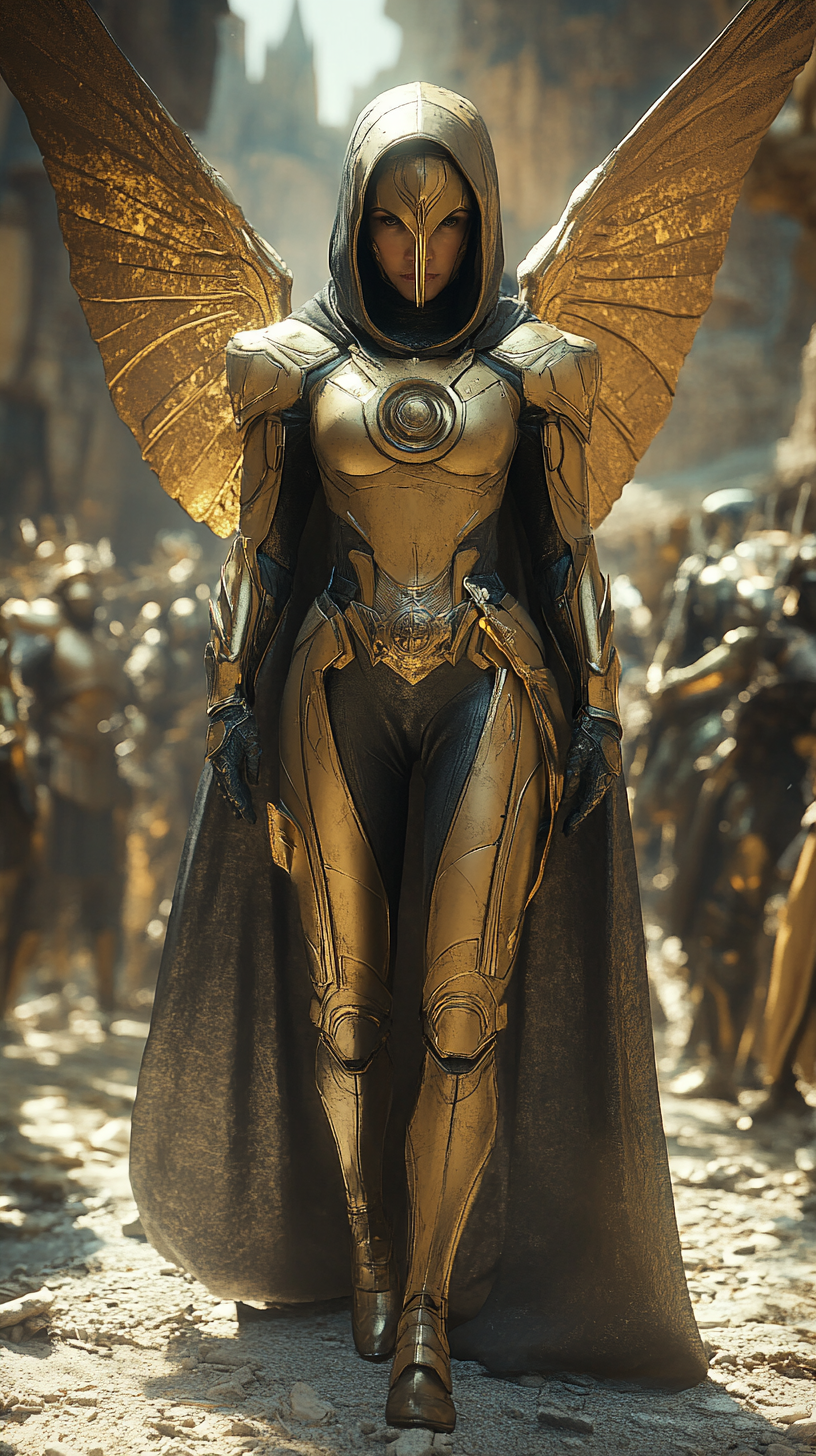 صورة مولدة بالذكاء الاصطناعي: Midjourney prompt: A futuristic female knight in gold and black armor... (نموذج Midjourney - صور شخصية)