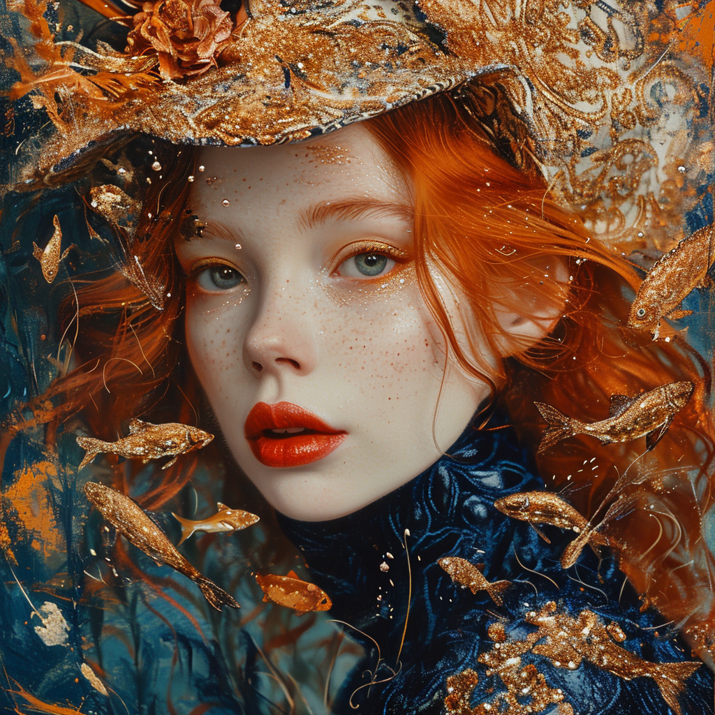 AI generated: Midjourney prompt: A woman in blue paint with a red hair, in the styl... (Midjourney - Animals & Nature)