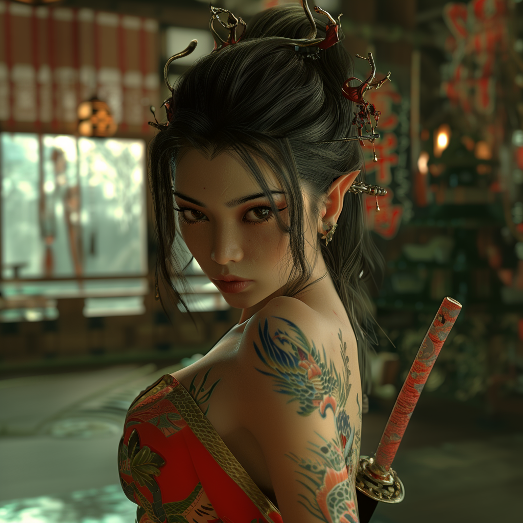 صورة مولدة بالذكاء الاصطناعي: Yakuza tattoo and pink samurai (نموذج Midjourney - صور شخصية)