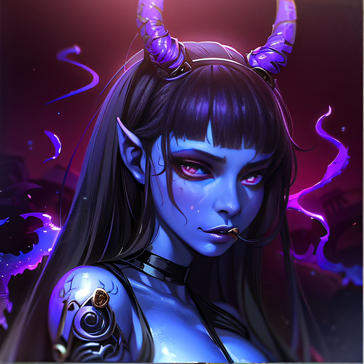 صورة مولدة بالذكاء الاصطناعي: ReV Animated prompt: a close up of a woman with horns and a demon face,... (نموذج ReV Animated - أنمي)