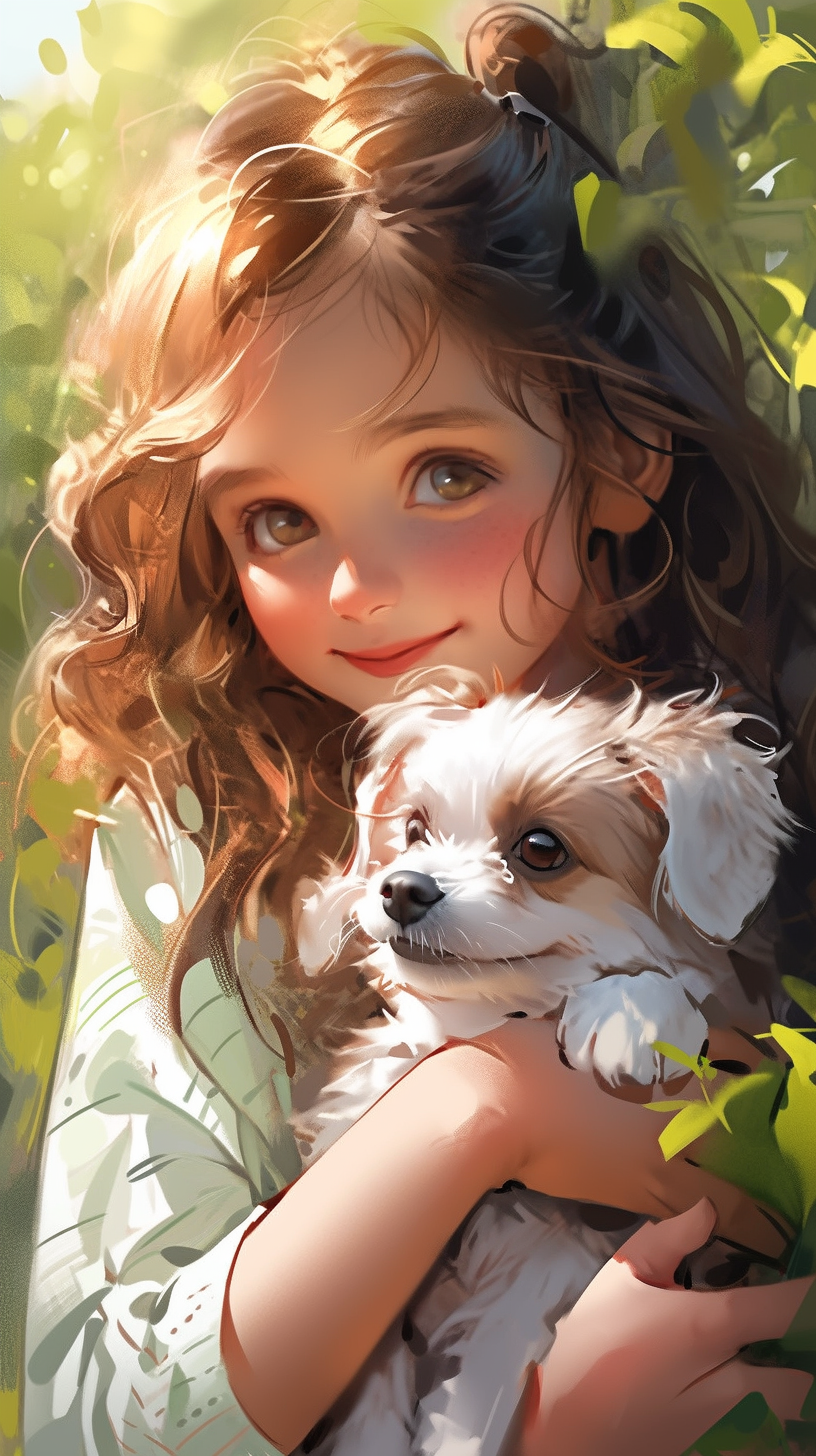 AI generated: Midjourney prompt: A picture of a young girl holding a small puppy, i... (Midjourney - Anime)