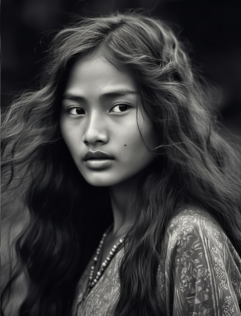 Midjourney prompt: Black and white photo of a woman with long hair, p... - Midjourney