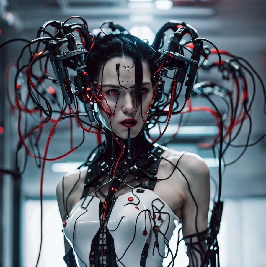 صورة مولدة بالذكاء الاصطناعي: Stable Diffusion prompt: full body of cyborg lady, cybernetic jaw, mechanic... (نموذج Stable Diffusion - تصوير فوتوغرافي)