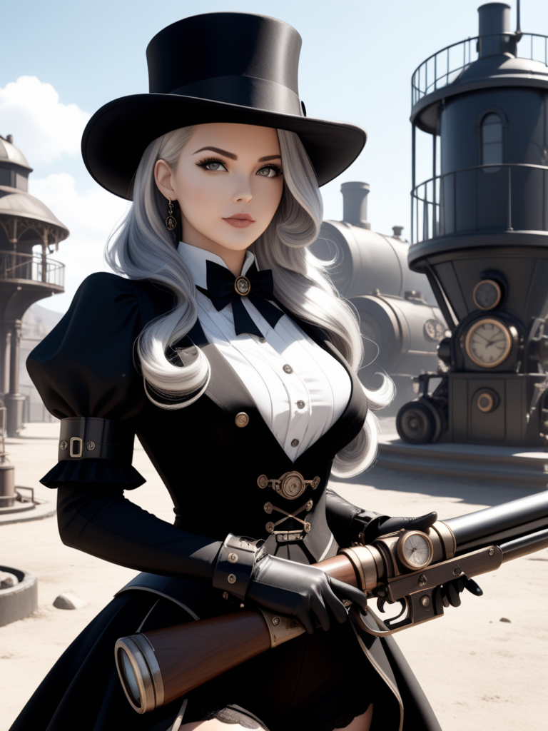 FLUX prompt: Film noir style Very beautiful Steampunk lad...