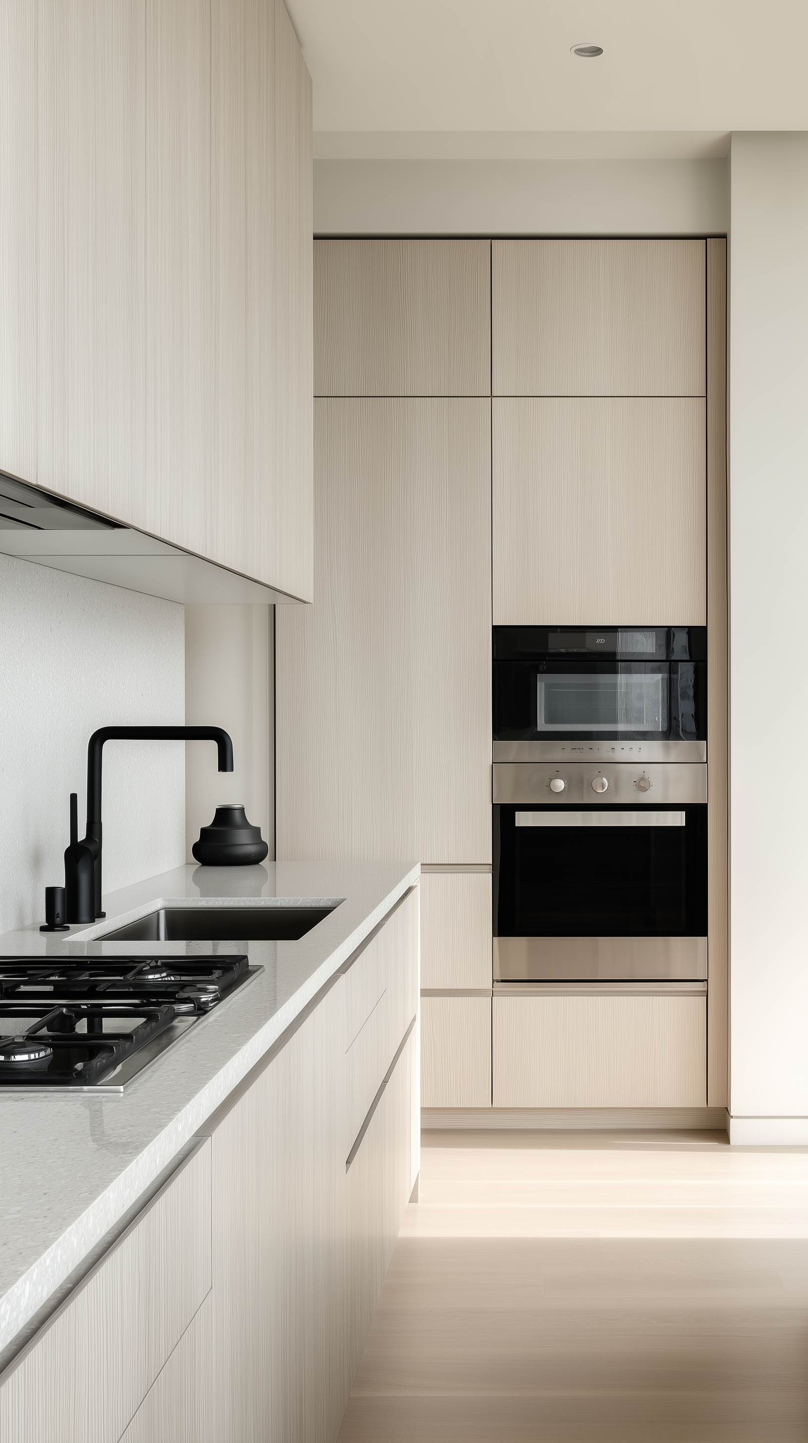 صورة مولدة بالذكاء الاصطناعي: Midjourney prompt: photography, minimalist kitchen, perspective view,... (نموذج Midjourney - تصميم داخلي)