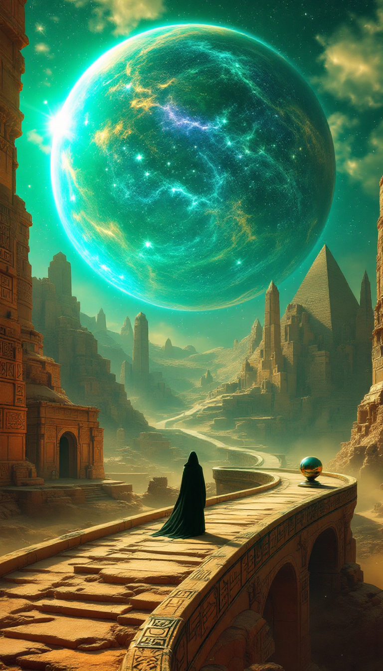 صورة مولدة بالذكاء الاصطناعي: FLUX prompt: A hyper-detailed, cinematic science-fantasy scene ... (نموذج FLUX - فن مفاهيمي)
