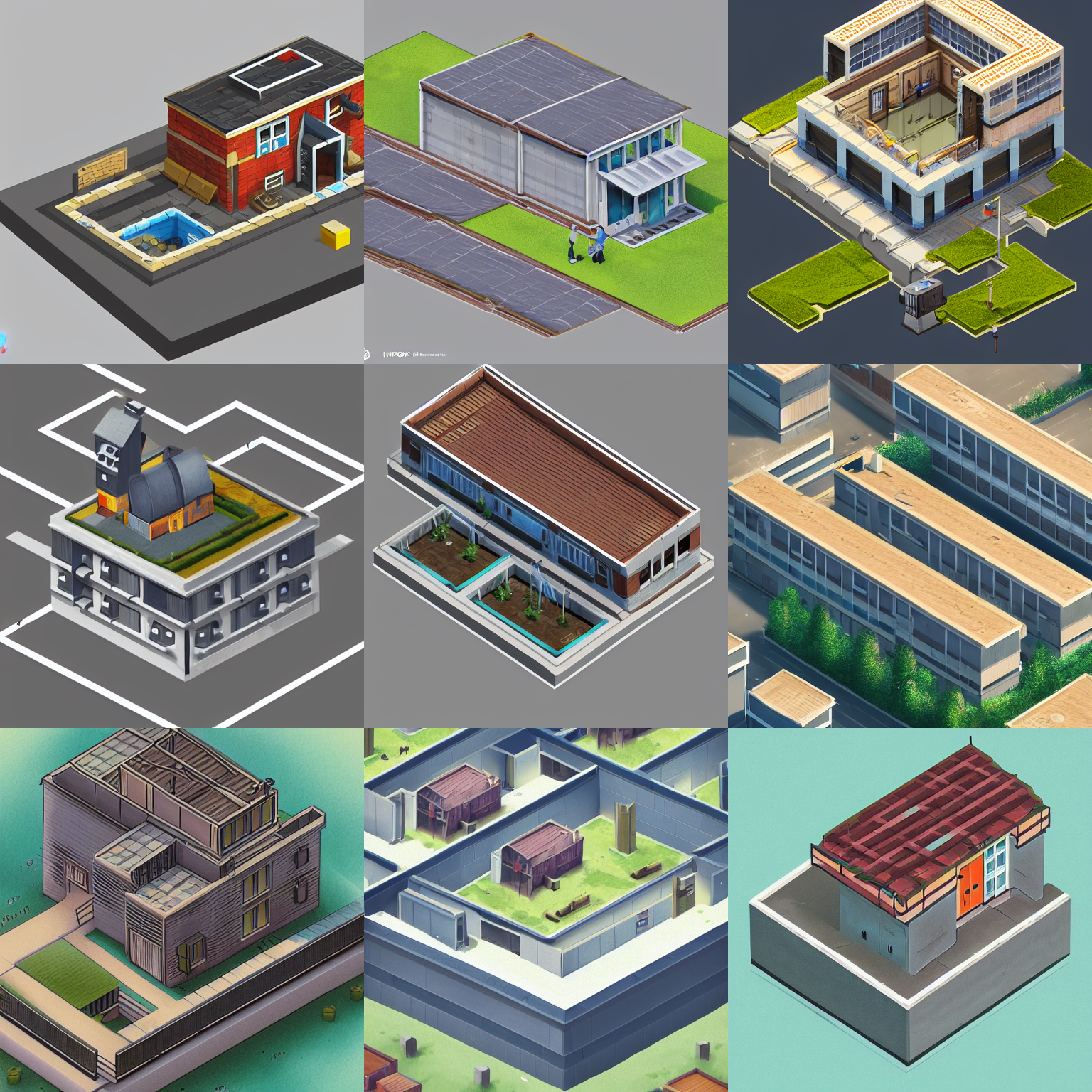 Stable Diffusion prompt: isometric house, industrial flat...
