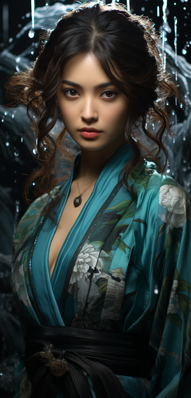 Midjourney prompt: a beautiful Japanese woman in a green kimono holdi... - Midjourney