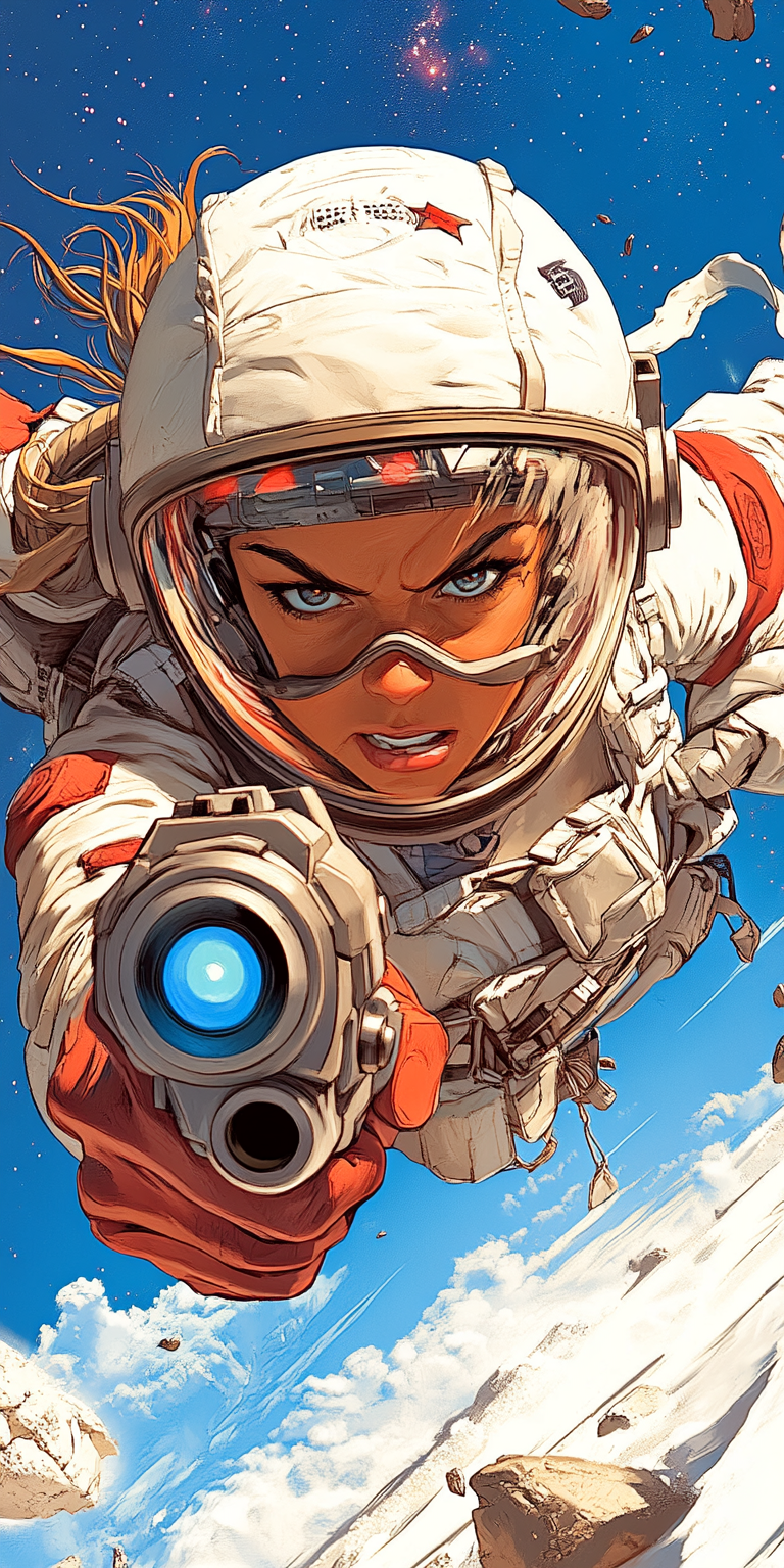 AI generated: Midjourney prompt: Comic book illustration of a woman in a spacesuit ... (Midjourney - Character Design)