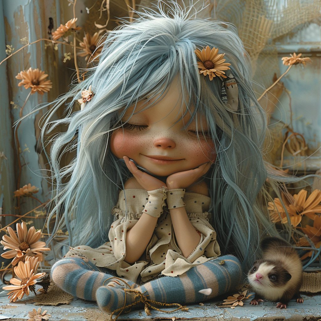 Midjourney prompt: A silly little troll girl with long messy pale blu... - Midjourney