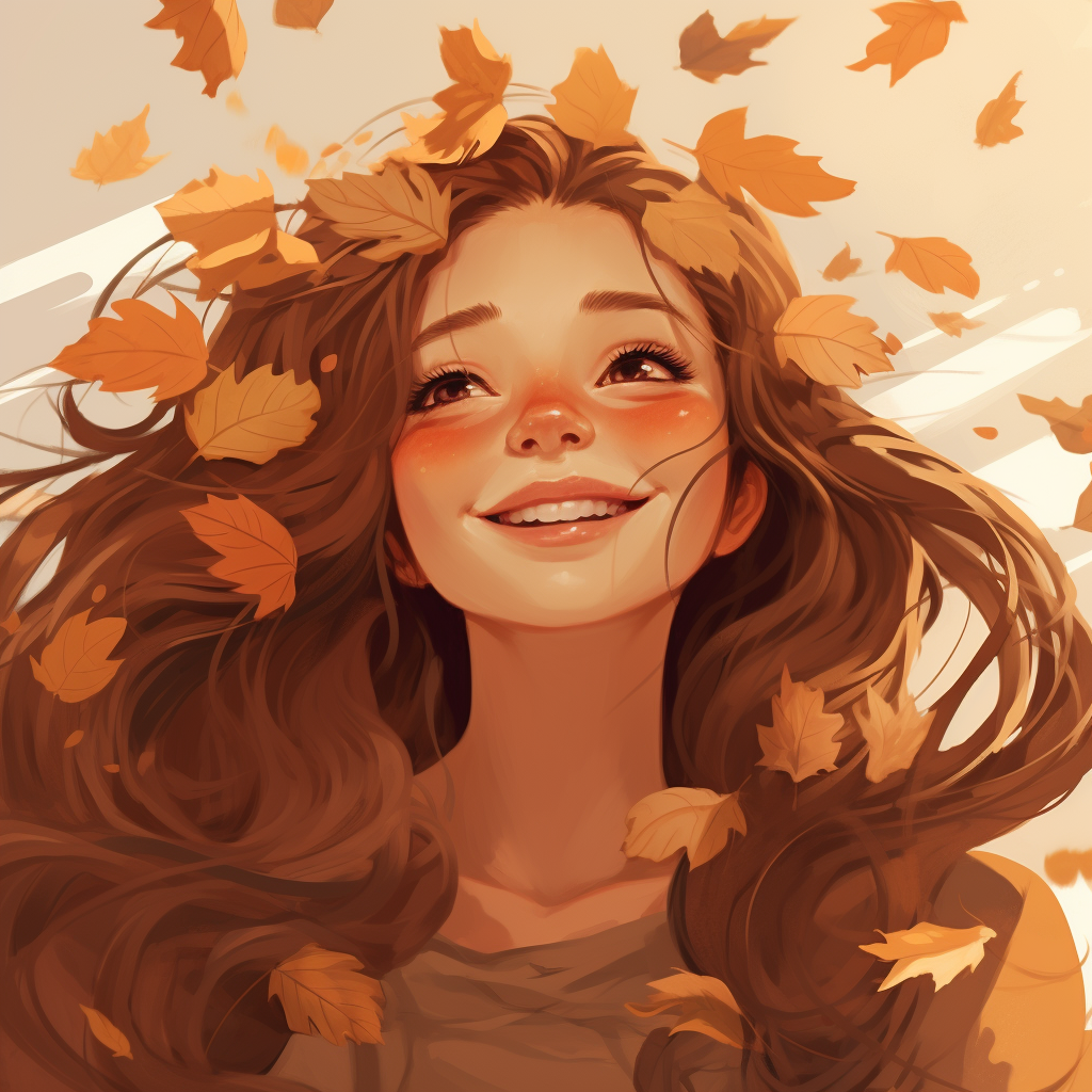 AI generated: Girl with flying autumn leaf crown (Midjourney - Character Design)