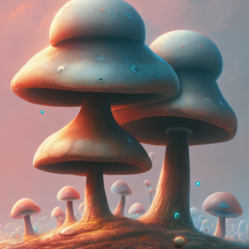 AI generated: Openjourney prompt: mushroom robot in the style of Gediminas Pranckevi (Openjourney - Landscapes)