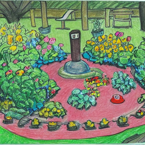 Stable Diffusion prompt: "A wide shot of a small garden w...