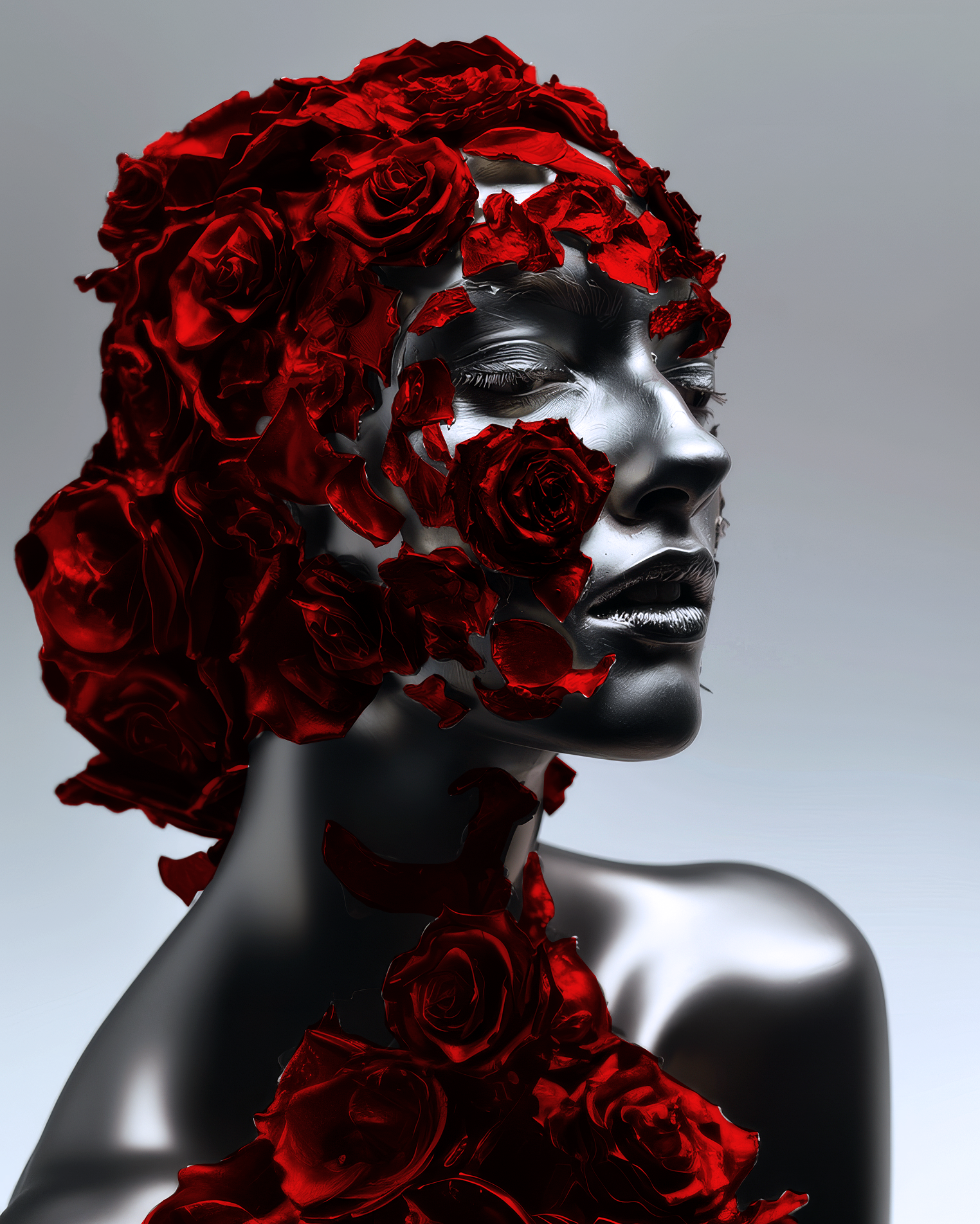 Midjourney prompt: a woman with roses on her nose, in the style of ma... - Midjourney