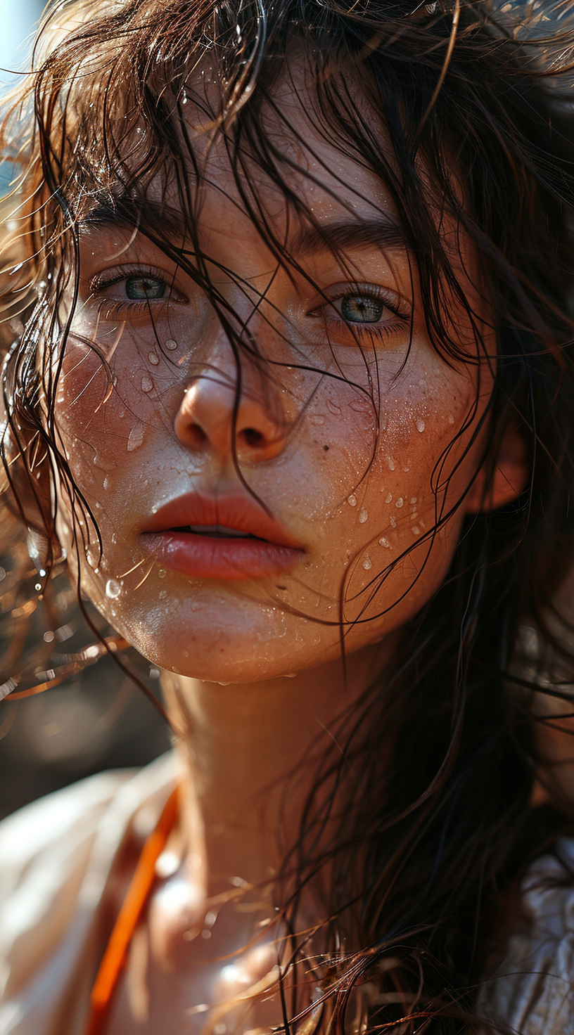 Midjourney prompt: a woman with long hair in wind, in the style of po... - Midjourney