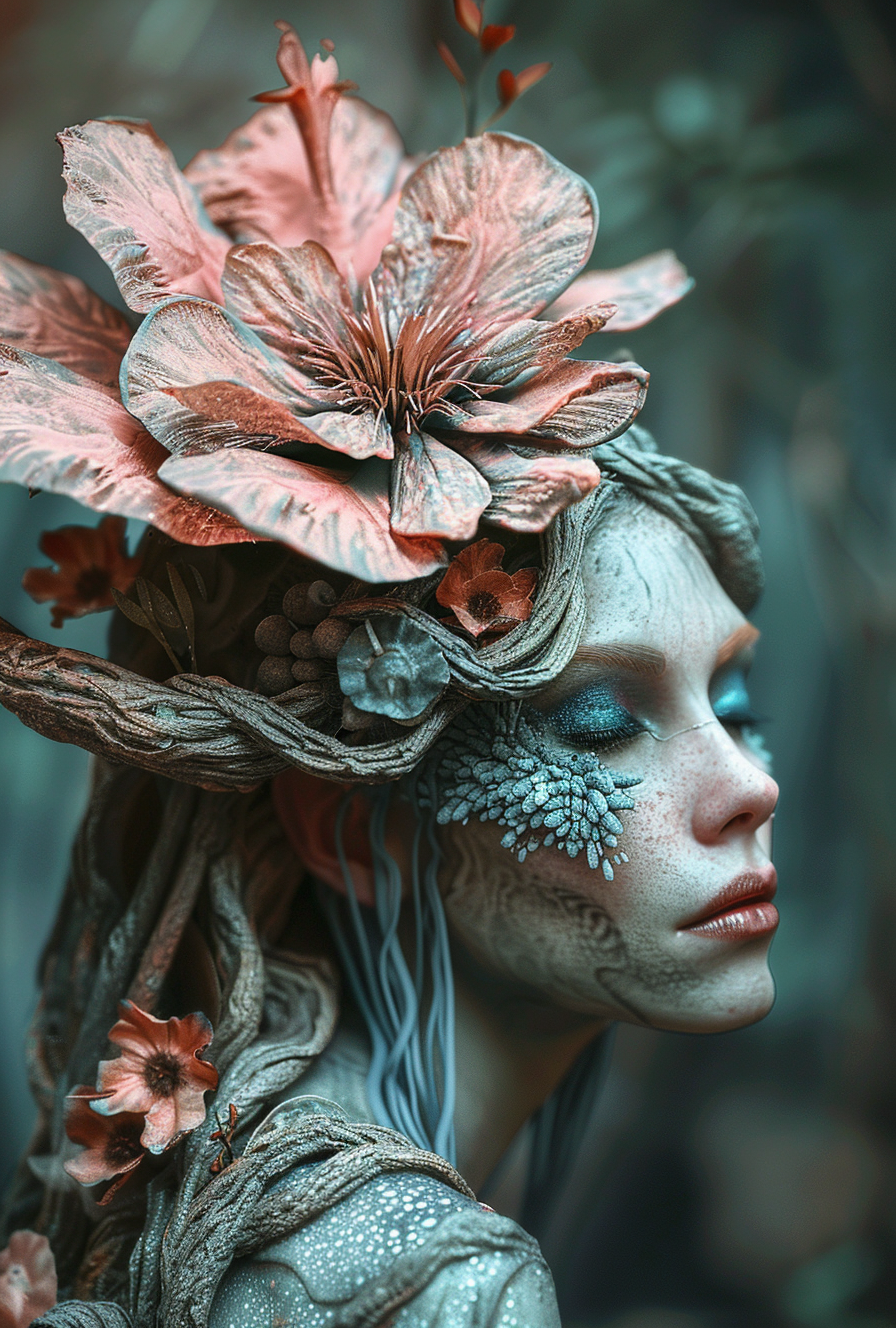 AI generated: Midjourney prompt: a woman with a mushroom mane with a pink flower on... (Midjourney - Portraits)