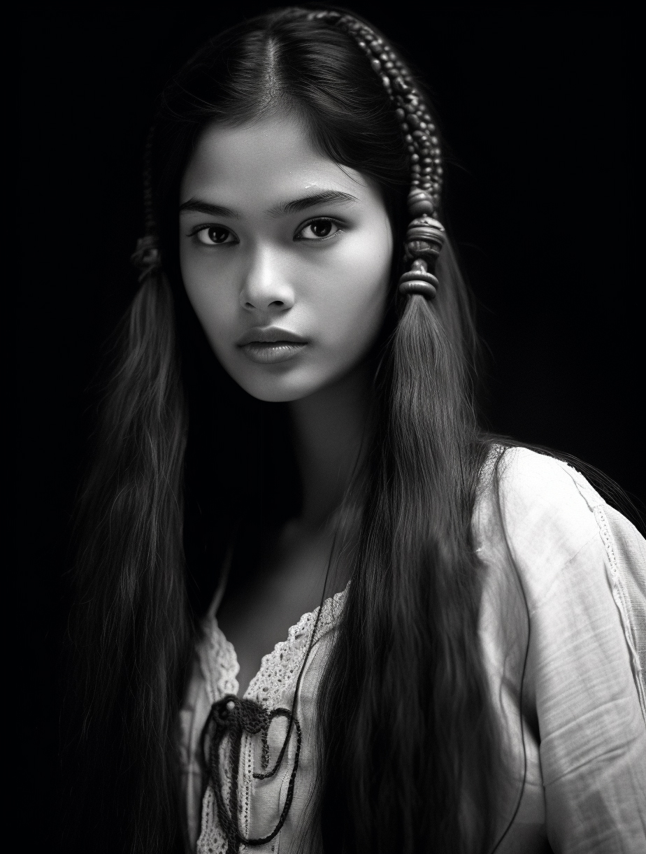 صورة مولدة بالذكاء الاصطناعي: Midjourney prompt: Black and white photo of a woman with long hair, p... (نموذج Midjourney - تصوير فوتوغرافي)