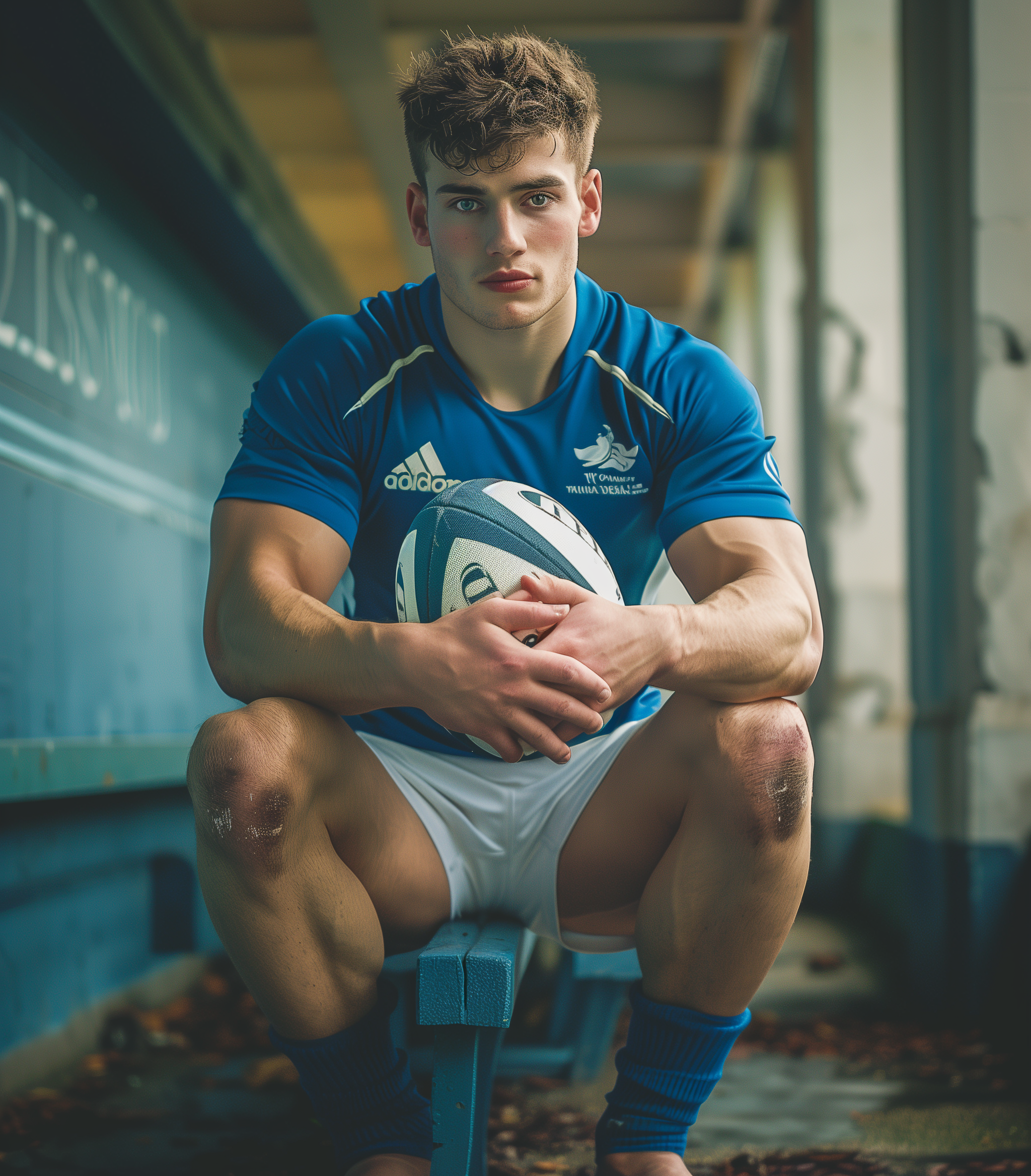 AI generated: Midjourney prompt: full body photo of an athletic man in blue and whi... (Midjourney - Portraits)