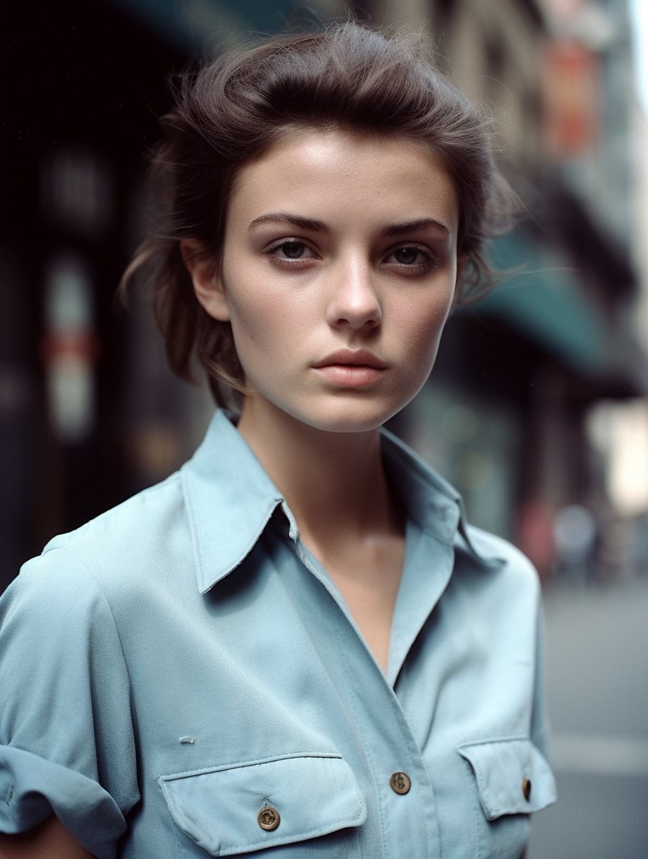 Midjourney prompt: ((waist photo)) beautiful young model in the stree... - Midjourney
