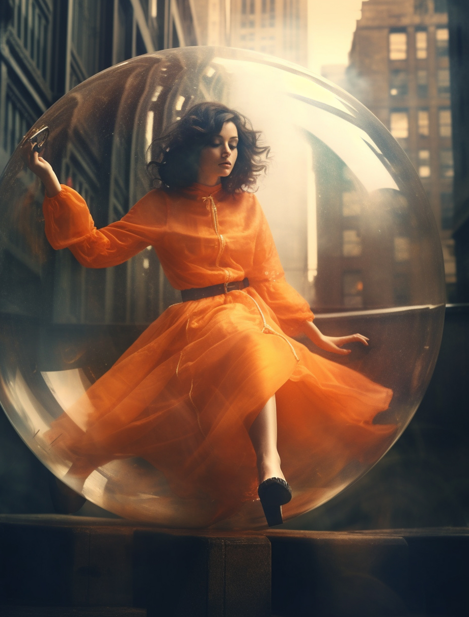 AI generated: Midjourney prompt: a woman in an orange dress flying through a bubble... (Midjourney - Portraits)