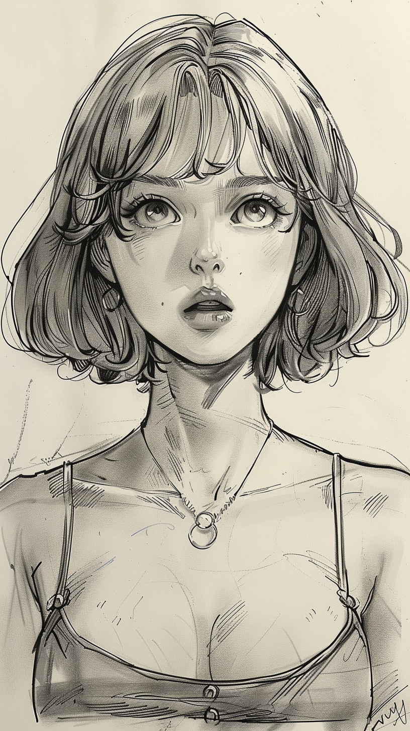 AI generated: Midjourney prompt: a simple sketch of an anime girl with short hair, ... (Midjourney - Portraits)