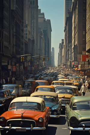 Midjourney prompt: A bustling city street at noon, the rhythm of the ... - Midjourney