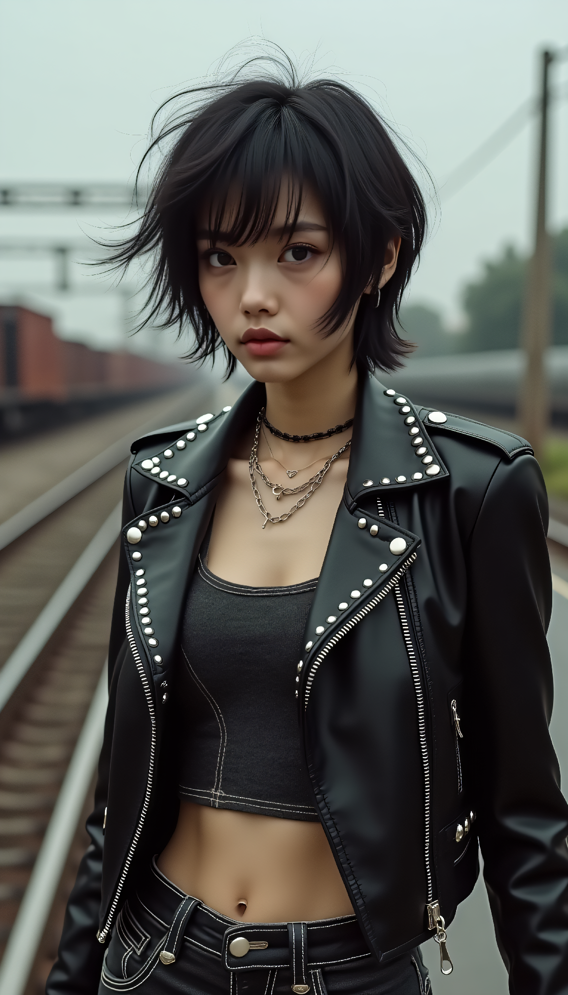 صورة مولدة بالذكاء الاصطناعي: Edgy Elegance on the Tracks (نموذج FLUX - صور شخصية)