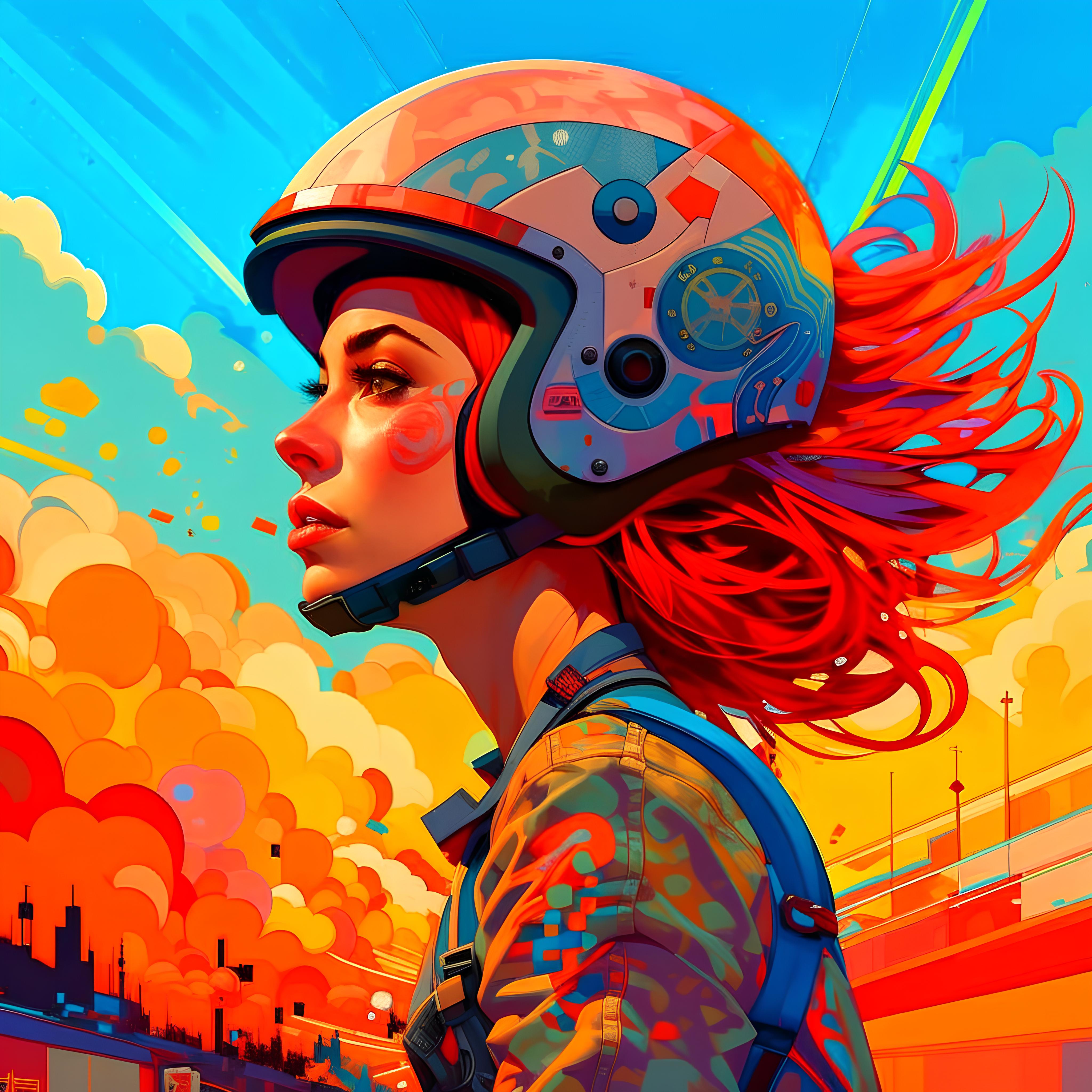 صورة مولدة بالذكاء الاصطناعي: DreamShaper prompt: a woman wearing a helmet, digital art, inspired by... (نموذج DreamShaper - فن مفاهيمي)