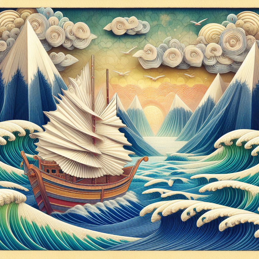 صورة مولدة بالذكاء الاصطناعي: Origami Fisher Boat (نموذج DALL·E - مناظر طبيعية)