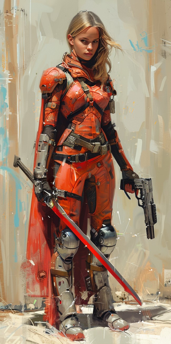 AI generated: Midjourney prompt: Cyberpunk, A cyberpunk elf with a sword in one han... (Midjourney - Character Design)