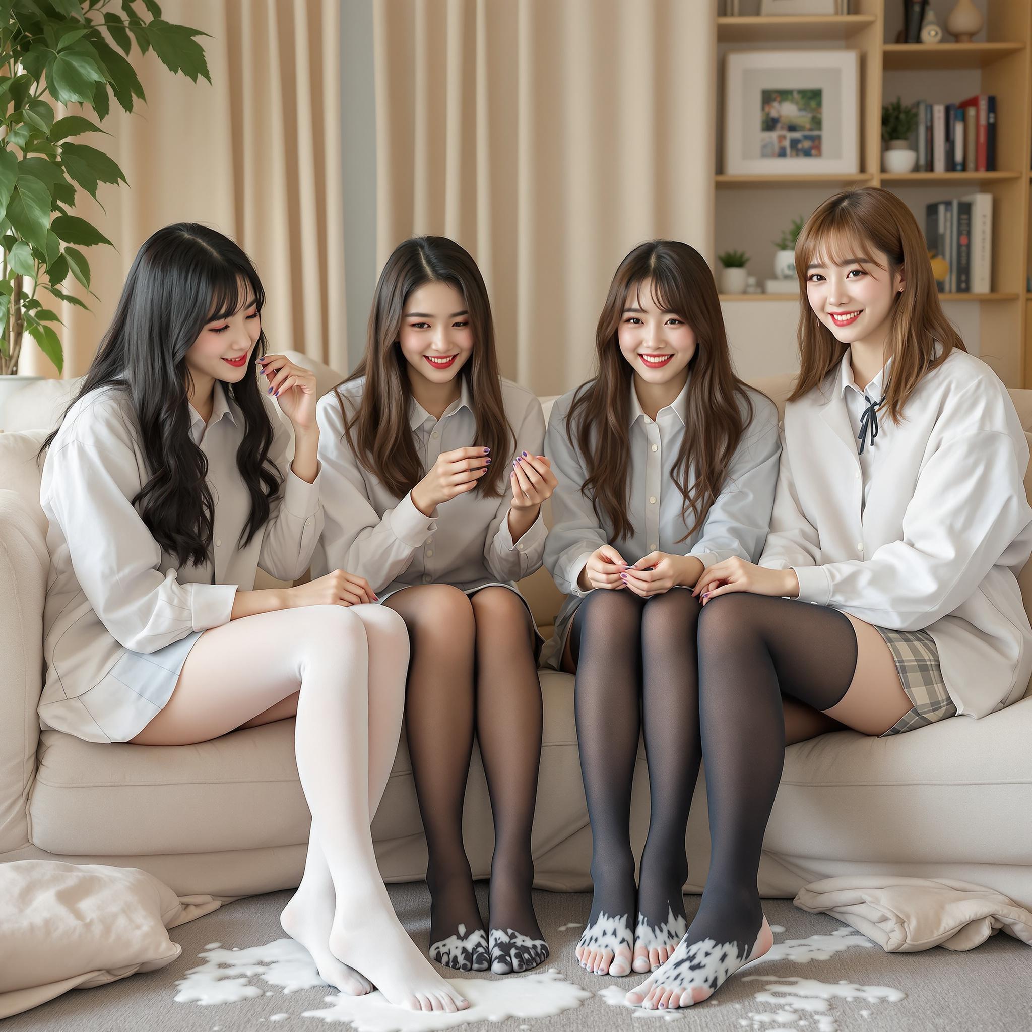 AI generated: FLUX prompt: 4 adults female students chatting and studying in ... (FLUX - Interior Design)