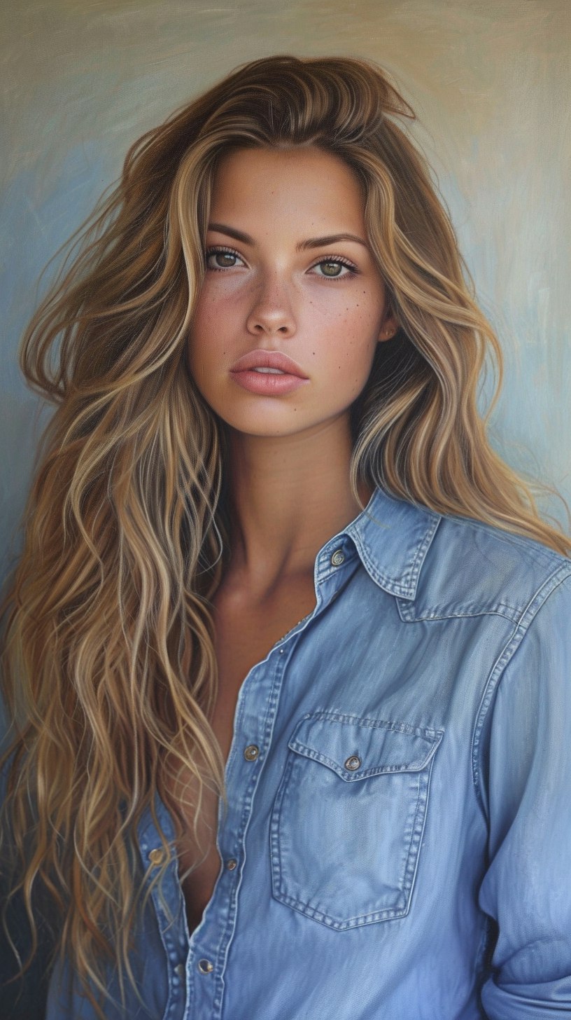 Midjourney prompt: a painting of a woman in a blue shirt, like artger... - Midjourney