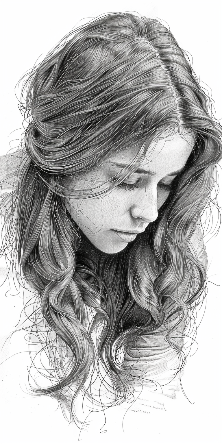 صورة مولدة بالذكاء الاصطناعي: Midjourney prompt: pencil sketch, woman with long hair, hyperdetailed... (نموذج Midjourney - صور شخصية)