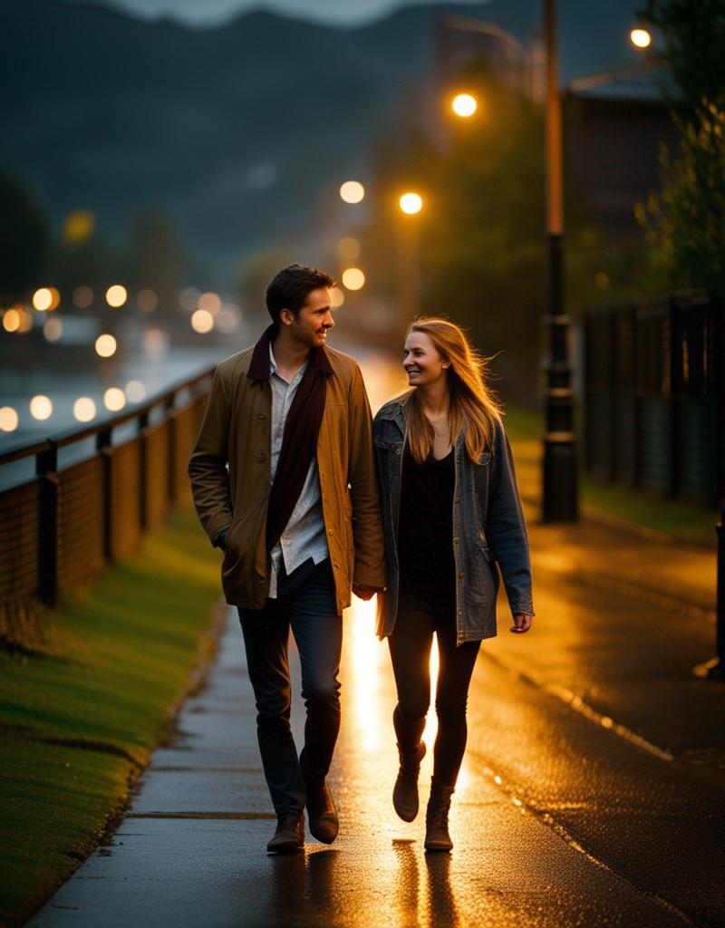 صورة مولدة بالذكاء الاصطناعي: Stable Diffusion prompt: Young couple, walking in the rain towards the came... (نموذج Stable Diffusion - صور شخصية)
