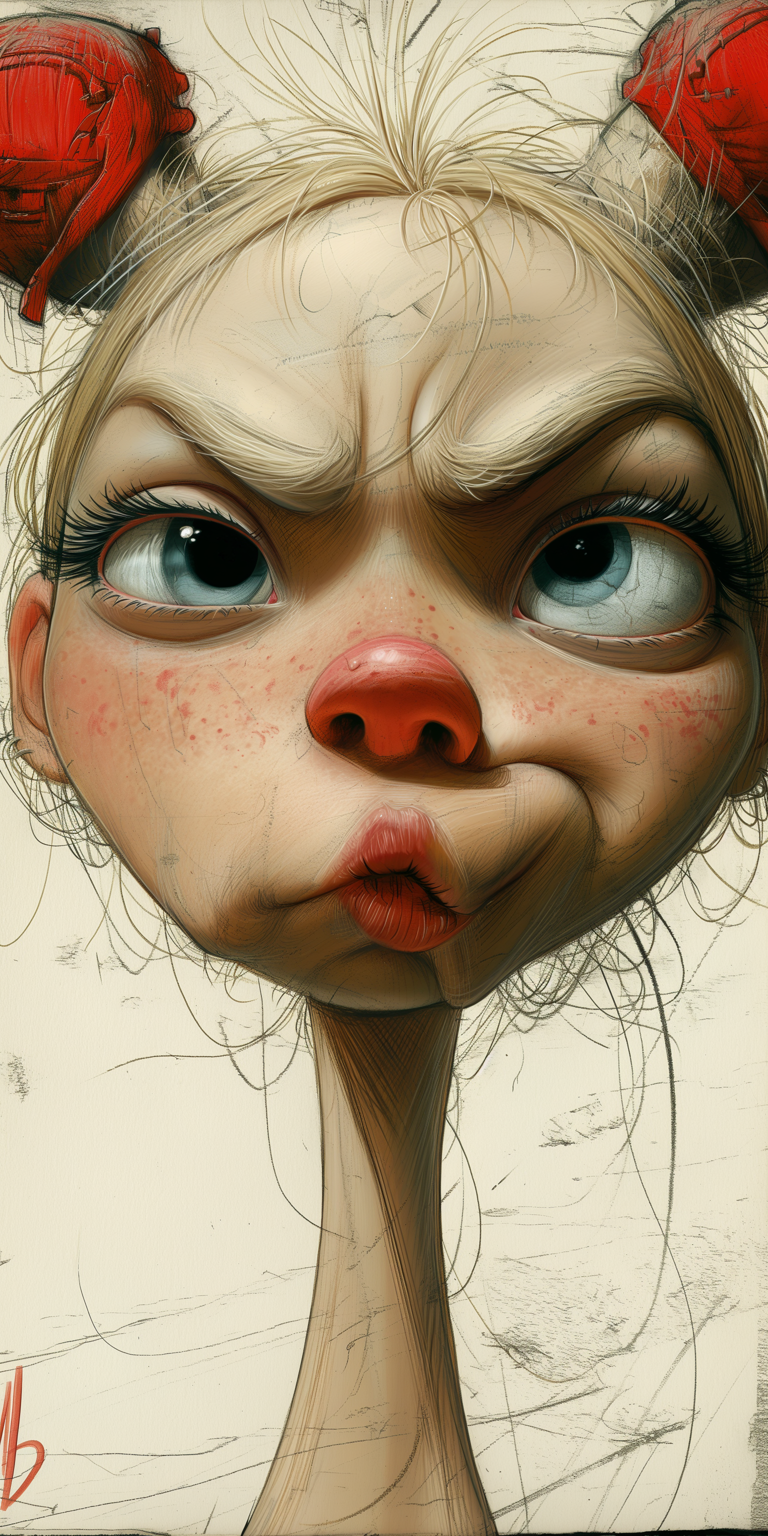 Midjourney prompt: Caricatures pencil drawing, cute woman, blonde hai... - Midjourney