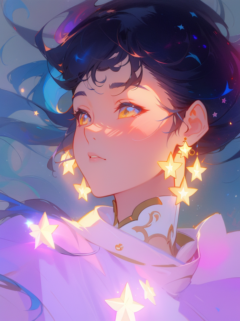 صورة مولدة بالذكاء الاصطناعي: ReV Animated prompt: a digital painting of a woman with stars in her ha... (نموذج ReV Animated - أنمي)