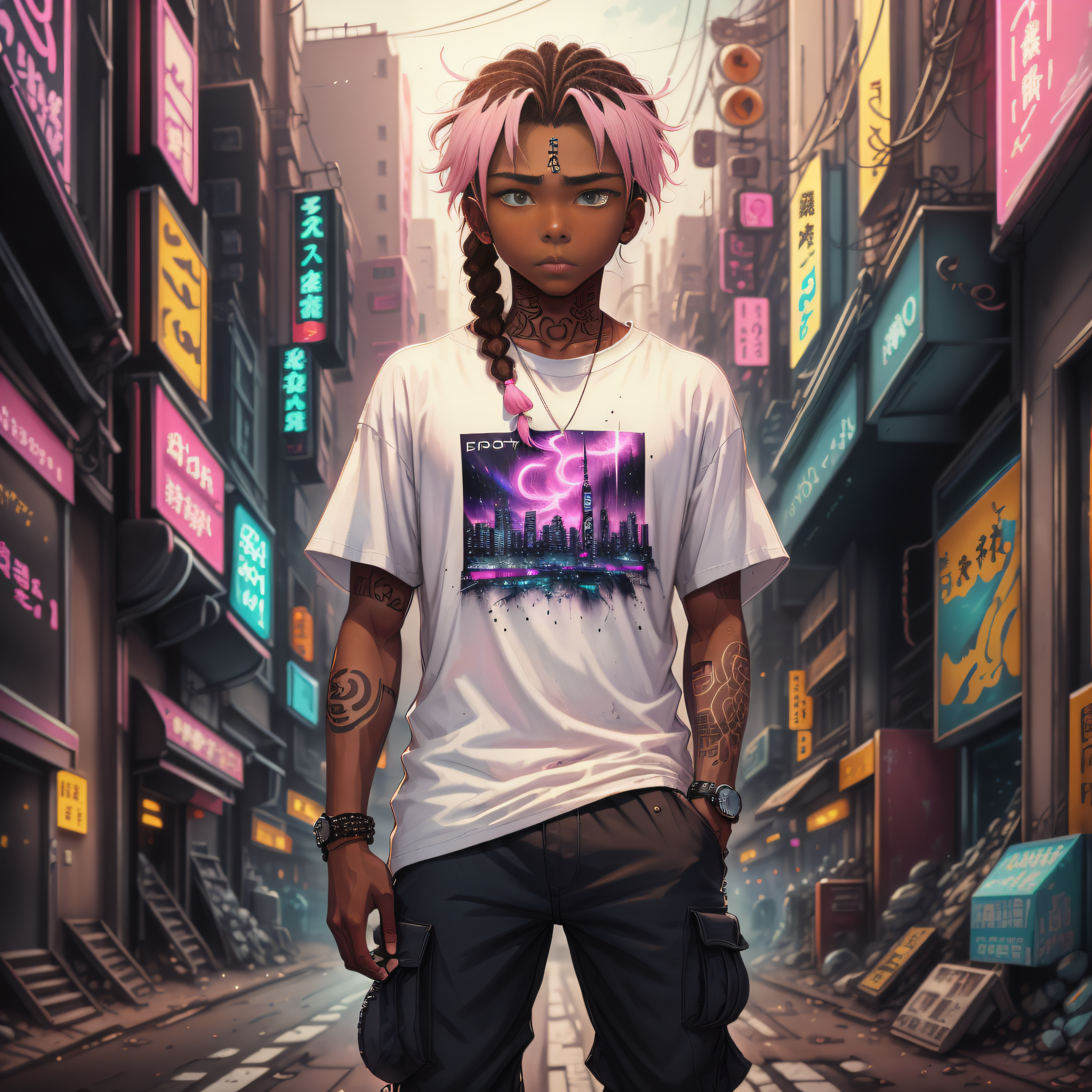 AI generated: Deliberate prompt: brown-skinned boy, nagô braid hair, eyes pulled, t... (Deliberate - Concept Art)