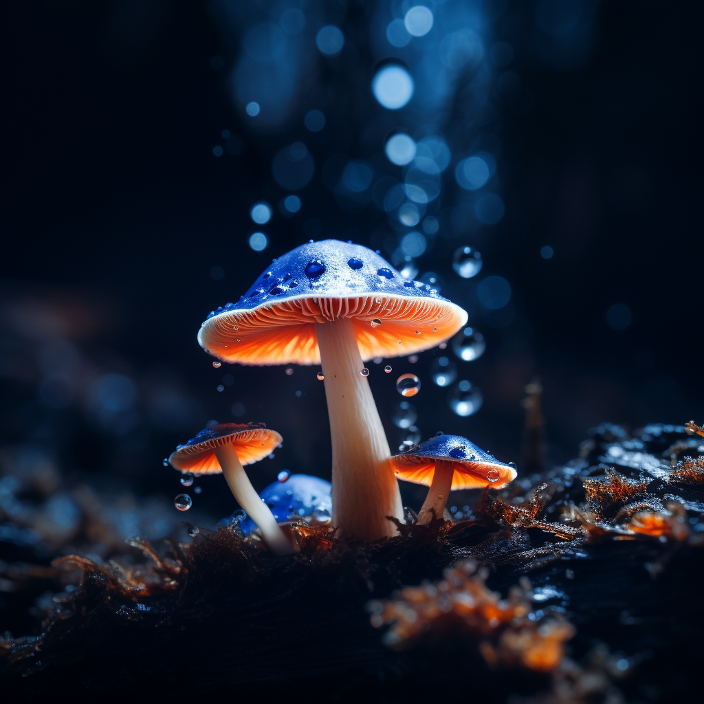 Midjourney prompt: the image of a blue and white mushroom, in the sty... - Midjourney