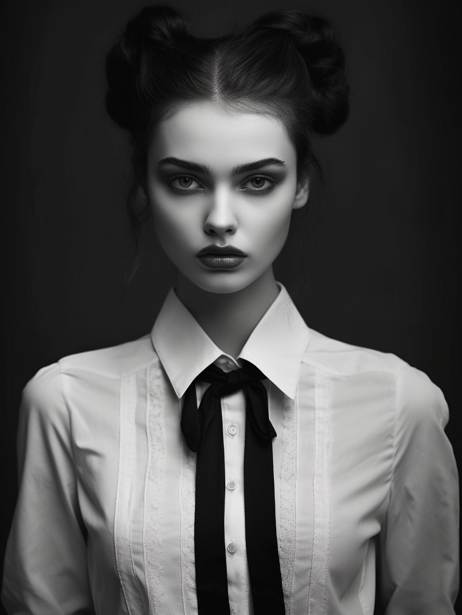 AI generated: Midjourney prompt: a black and white photo of a woman in a vest, naga... (Midjourney - Fashion)