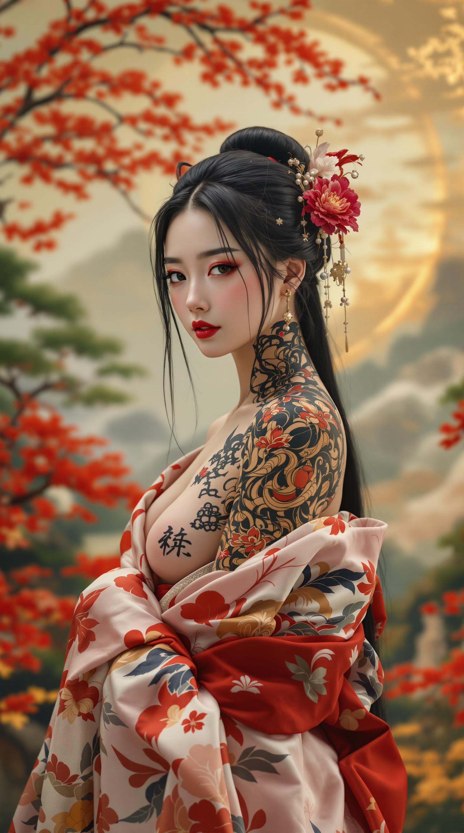 FLUX prompt: ue de dos, une femme japonaise avec un grand tato... - FLUX