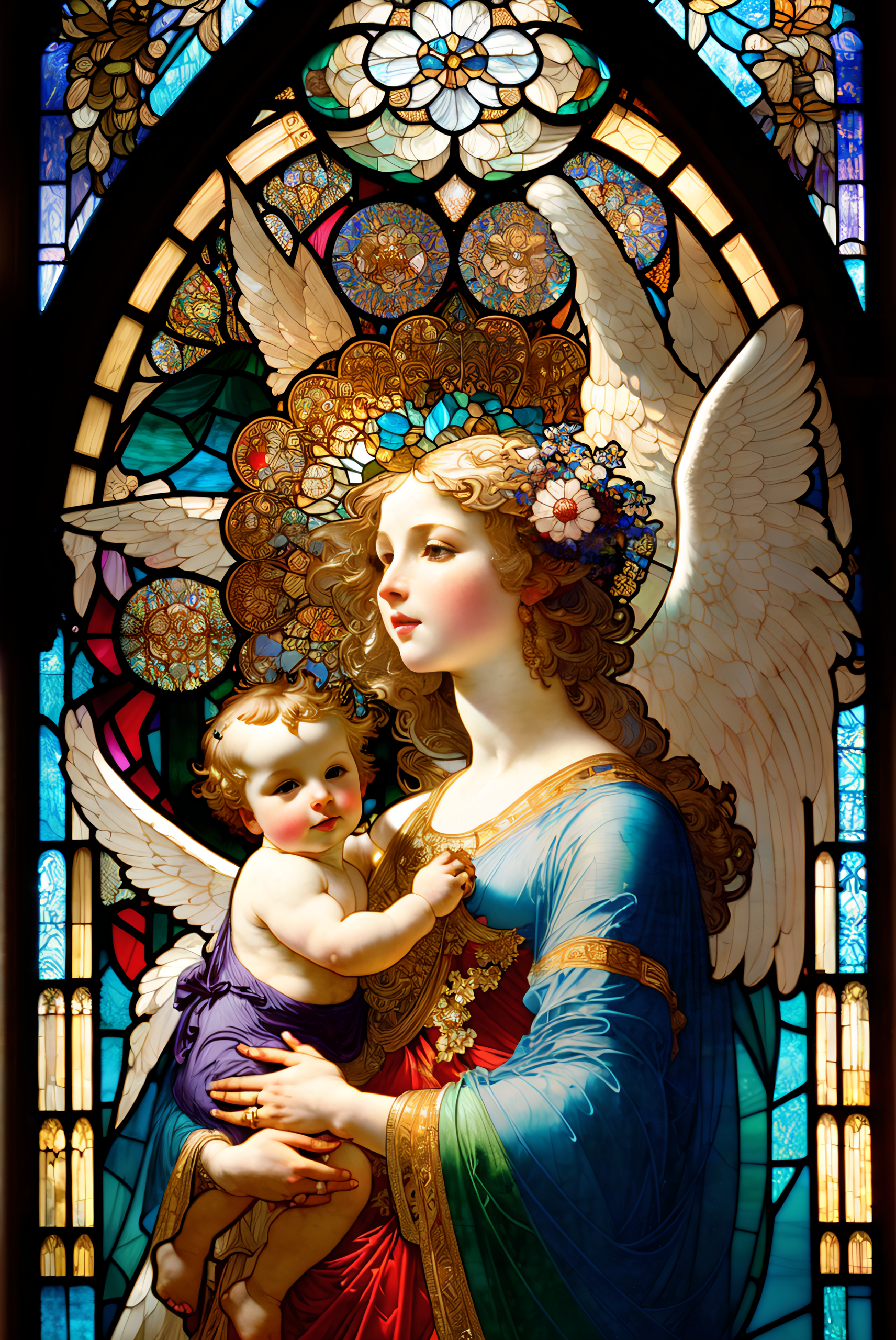 Stable Diffusion prompt: Nouveau Cherub Stained Glass Cat...