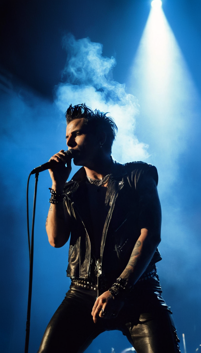 Stable Diffusion prompt: A punk rock singer on stage duri...