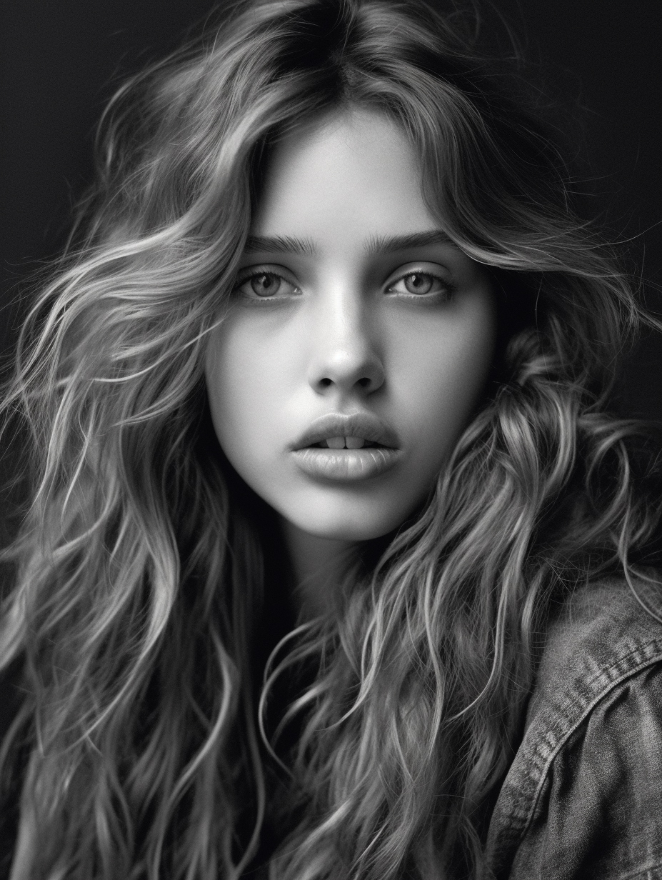 Midjourney prompt: a black and white photo of a woman with long hair,... - Midjourney