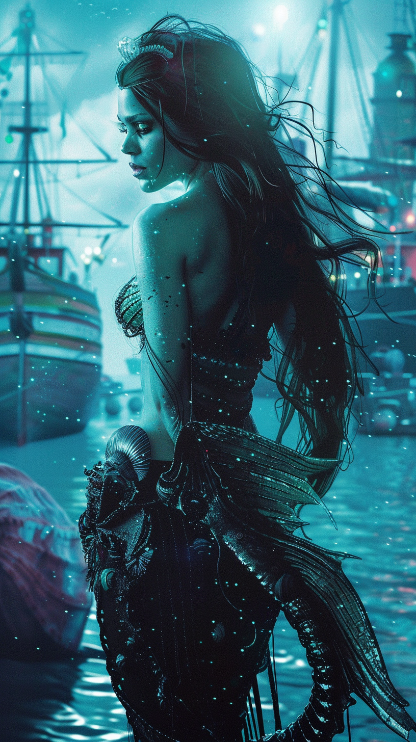 Midjourney prompt: a mystical mythical cyberpunk sea siren with a gla... - Midjourney