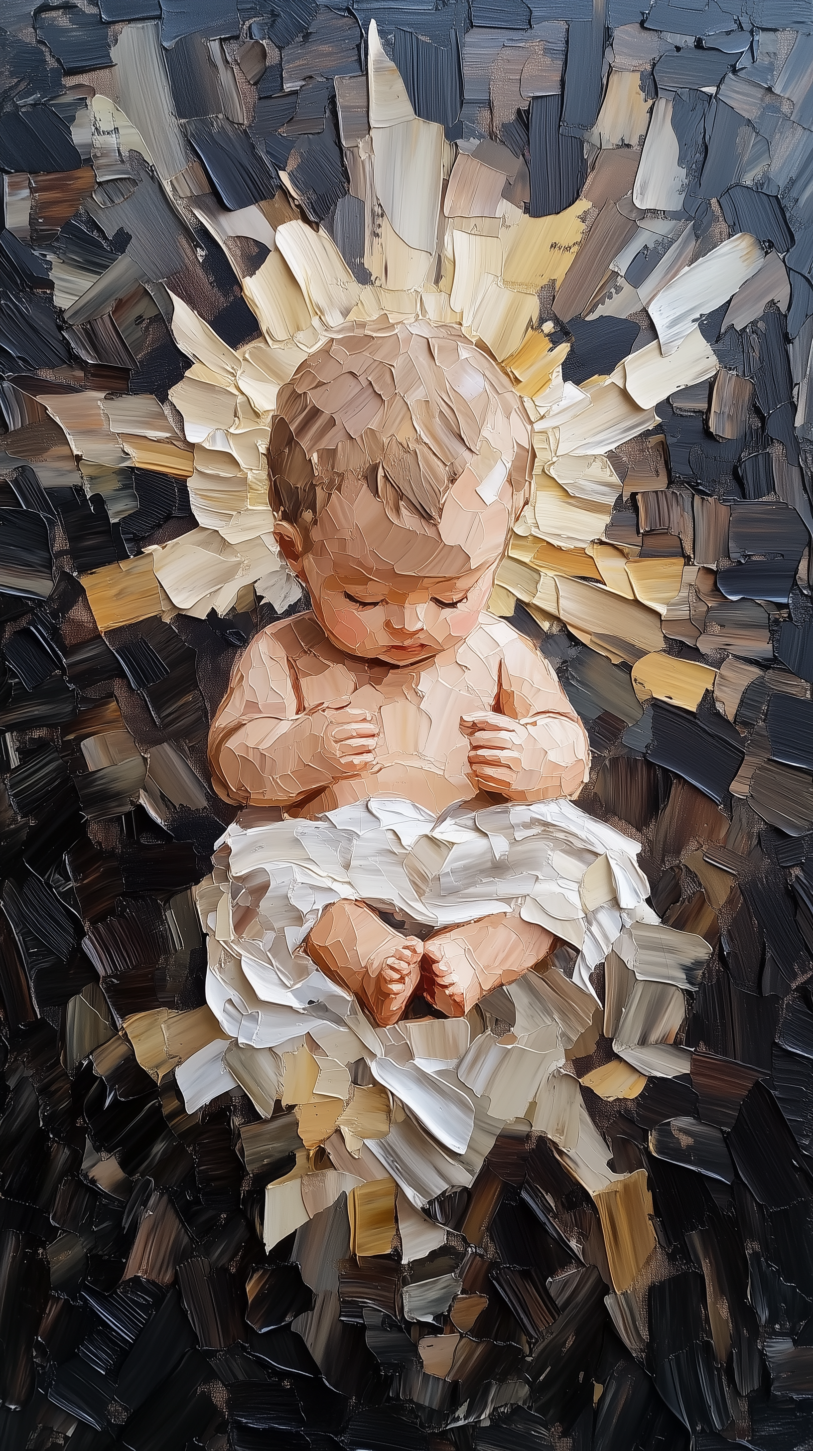 Midjourney prompt: artistic oil painting art, flat, baby jesus in the... - Midjourney
