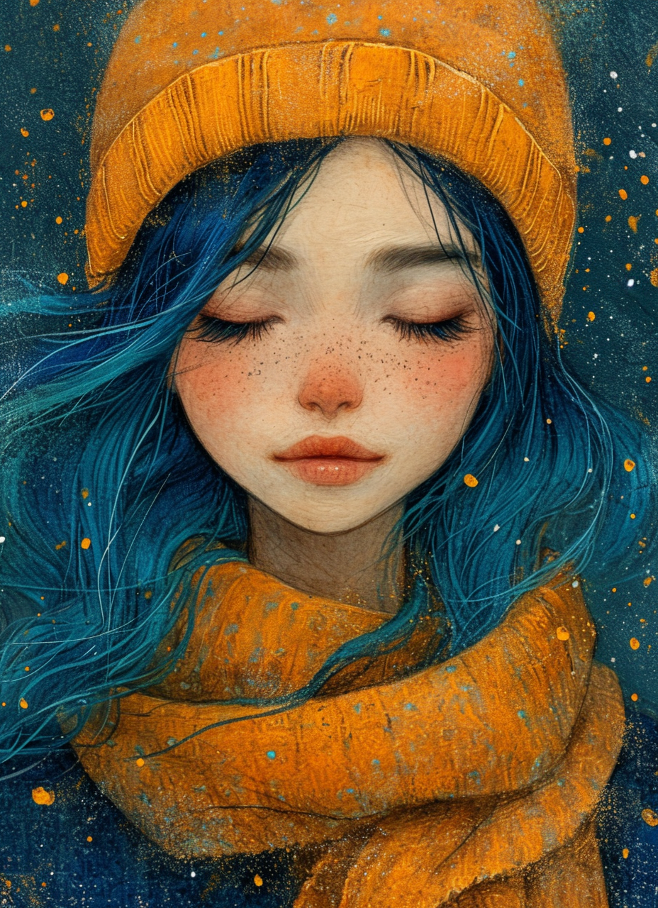 AI generated: Midjourney prompt: a girl with blue hair with eyes closed, in the sty... (Midjourney - Portraits)