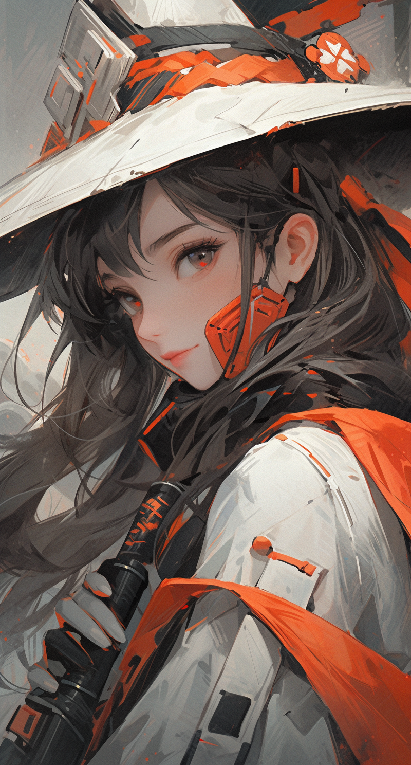 Midjourney prompt: a painting of girl with a white mask and a hat, in... - Midjourney